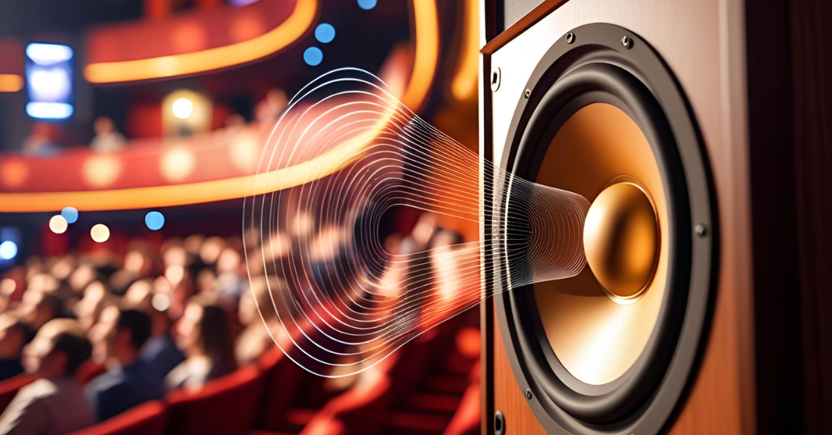 A sound speaker in a cinema emits a visible sound wave with a cinema audience in the background.