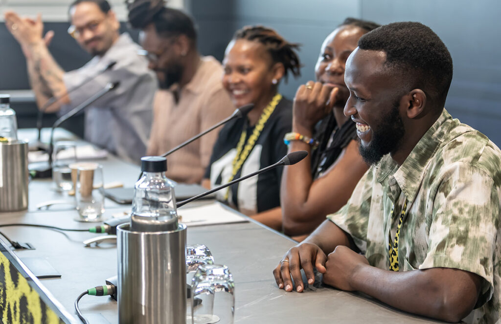(From Left) Mitchell Harper, Neigeme Glasgow-Maeda, Tshepiso Chikapa Phiri, Ema Edosio-Deelen and Yannick Mizero Kabano during the Building Sustainable Film Ecosystems in Africa panel at the 78th Locarno Film Festival on August 9, 2025.