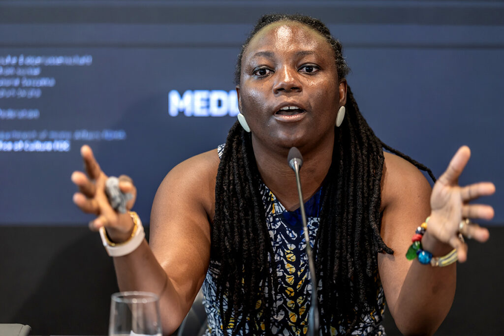 Filmmaker Ema Edosio-Deelen during the Building Sustainable Film Ecosystems in Africa panel at the 78th Locarno Film Festival on August 9, 2025