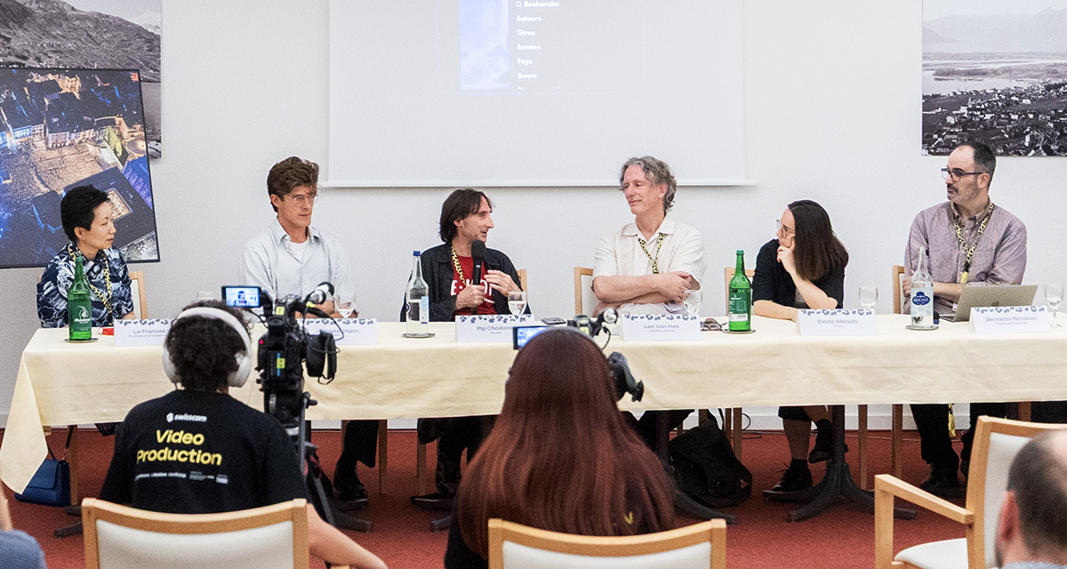 (From Left) La Frances Hui (MoMA), Jacques Jagou, Pip Chodorov, Leo Van Hee, Elodie Mellado, Bernardo Rondeau during the Promotional Strategies for Classic Films Today panel at the 78th Locarno Film Festival on August 11, 2025