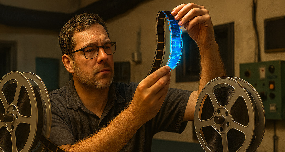 A projectionist holds up a spool of film as he sits between two reels of film.