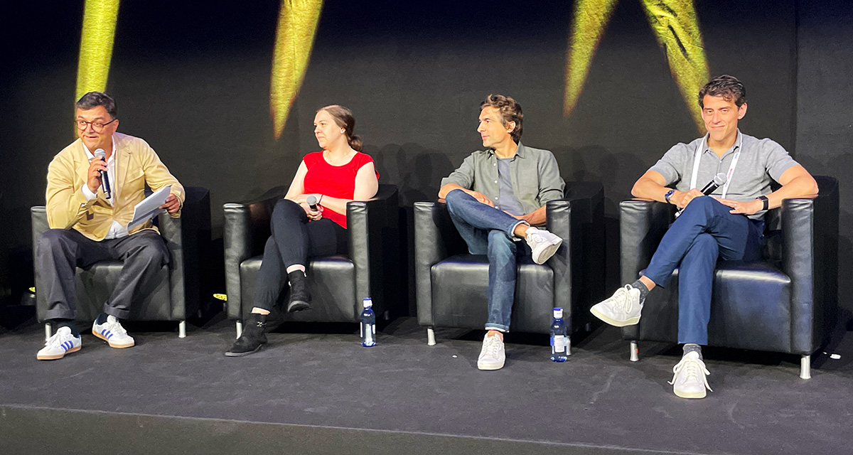 Stan Ruszkowski, CEO of The Boxoffice Company, Carla Boyd of Cineworld, Adrien Chabel, the CEO of AlloCine) and Mariano Otero of Fever during the Turning Social Buzz Into Box Office Sales panel at CineEurope on 15 June 2025 in Barcelona, Spain