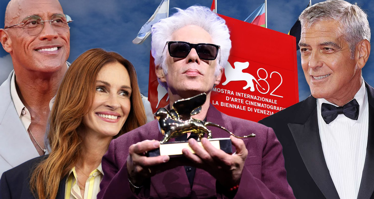 A montage of filmstars - Dwayne Johnson, Julia Robertson, George Clooney, Jim Jarmusch - sit against the Venice Film Festival sign