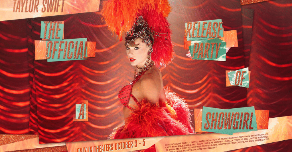 Taylor Swift looks over her shoulder at the camera, dressed in a red sequined showgirl outfit against a backdrop of red theatrical curtains.