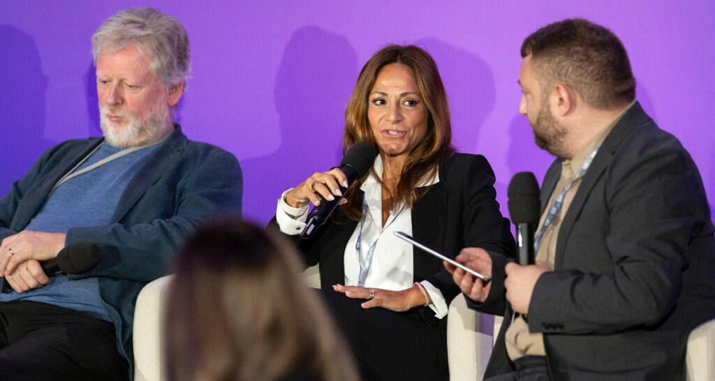 From Left) Frank L. Stavik of Fidalgo, and Antonella Canturi of Rai Cinema's 01 Distribution and moderator Davide Abbatescianni during a Buyers In Focus session on 6 September 2025 at the 2025 Toronto International Film Festival