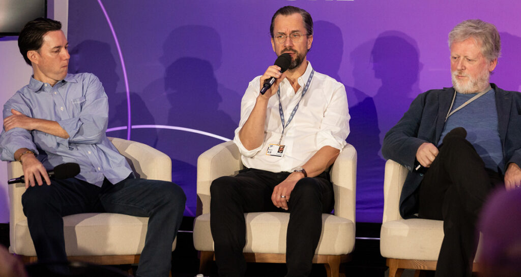(From Left) Dylan Leiner of Sony Pictures Classics, Jakob Abrahamsson of NonStop Entertainment, and Frank L. Stavik of Fidalgo during a Buyers In Focus session on 6 September 2025 at the 2025 Toronto International Film Festival