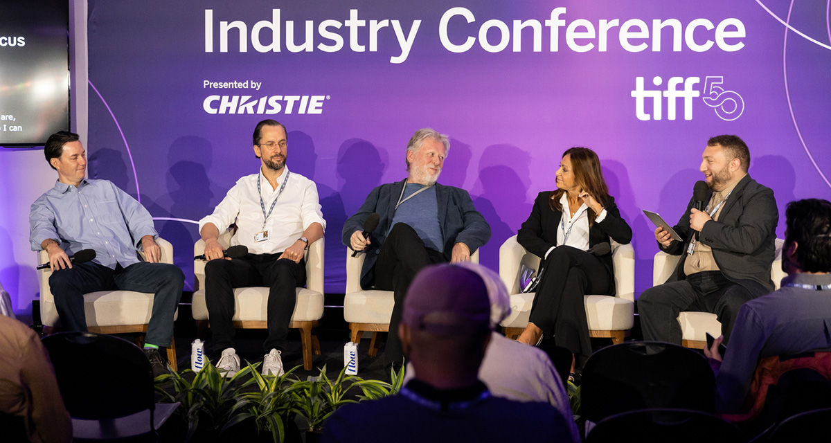 (From Left) Dylan Leiner of Sony Pictures Classics, Jakob Abrahamsson of NonStop Entertainment, Frank L. Stavik of Fidalgo, and Antonella Canturi of Rai Cinema's 01 Distribution and moderator Davide Abbatescianni during a Buyers In Focus session on 6 September 2025 at the 2025 Toronto International Film Festival