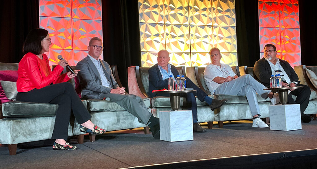 (From Left) Elizabeth Frank of RealD, Serge Plasch from Barco, Robert Carrady of Caribbean Cinemas, Rolando Rodriguez from Lumma, Gonzalo Lopez of Multicines Ecuador, Daniel Loria of Boxoffice Pro participate in the Industry Investment panel at CineLATAM in Coral Gables, Florida on September 16, 2025. (Photo: J. Sperling Reich - Celluloid Junkie)