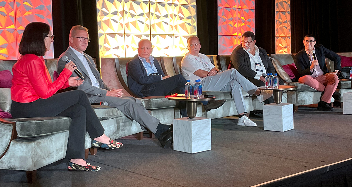 (From Left) Elizabeth Frank of RealD, Serge Plasch from Barco, Robert Carrady of Caribbean Cinemas, Rolando Rodriguez from Lumma, Gonzalo Lopez of Multicines Ecuador, Daniel Loria of Boxoffice Pro participate in the Industry Investment panel at CineLATAM in Coral Gables, Florida on September 16, 2025