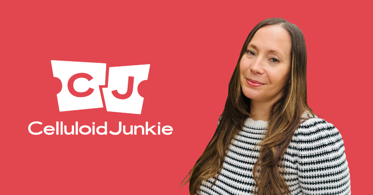 Shana Nichols is to the right of a white Celluloid Junkie logo, with a pink background