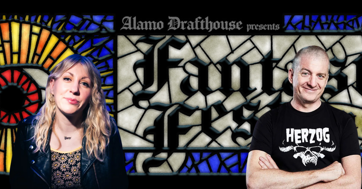 Fantastic Fest Festival Director, Lisa Dreyer (left), and Festival Founder, Tim League, stand in front of the Fantastic Fest logo