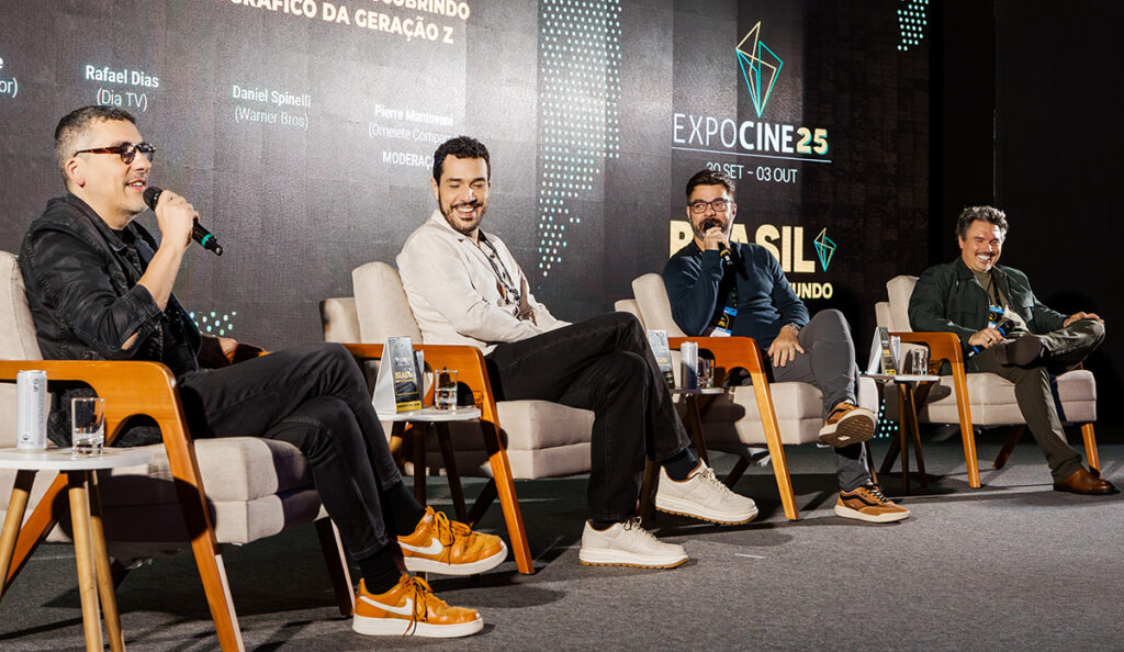 (From Left) Filmmaker Daniel Rezende, Rafael Dias of Dia TV, Daniel Spinelli from Warner Bros. Pictures, and Pierre Mantovani, head of Omelete, during the Discovering the New Cinematic Gaze of Generation Z panel on 2 October 2025 at Expocine 2025 in São Paulo, Brazil