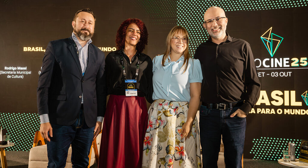 (From Left) Rogrigo Massi, from the São Paulo’s Department of Culture, Daniela Fernandes from the Ministry of Culture, Mari?lia Marton from the São Paulo State Government, and Marcelo Lima, from Expocine, during the Brazil: Window to the World panel on 1 October 2025 at Expocine 2025 in São Paulo, Brazil