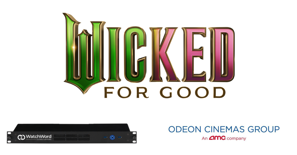 The "Wicked: For Good" logo sits above a WatchWord server (bottom left) and the Odeon Cinemas Group logo (bottom right)