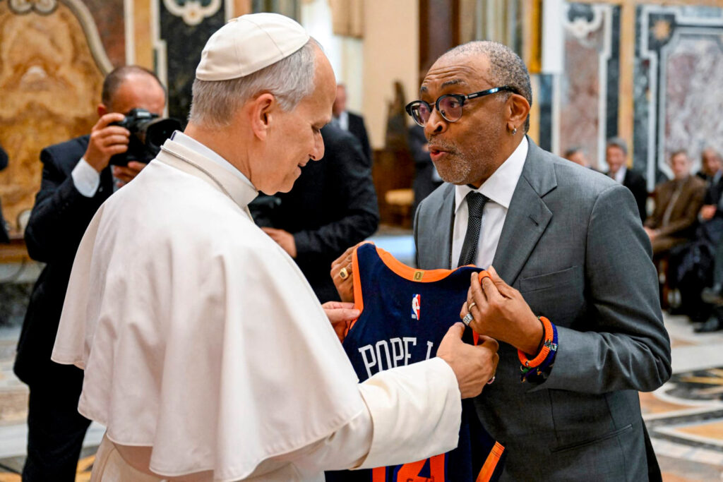 Pope Leo XIV (left) with filmmaker Spike Lee during an audience with international cinema artists at the Clementine Hall on November 15, 2025 in Vatican City