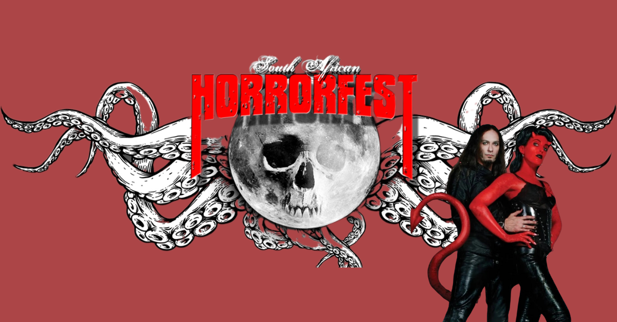The South African Horrorfest text, with skull & octopus logo sits in front a brown-red background with co-founders Paul Blom and Sonja Ruppersberg to the right
