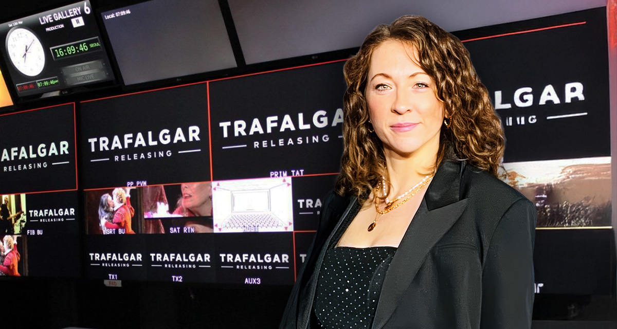 Emily Cecil-Dennett stands in front of the inside of Trafalgar Releasing’s original broadcasting truck