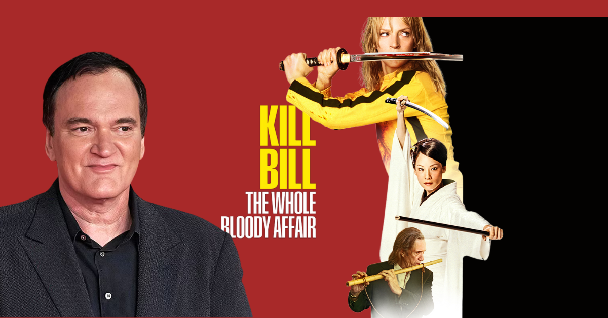 “Kill Bill” characters The Bride, O-Ren Ishii and Bill sit vertically against a red and black background, with the film title in yellow on the left side