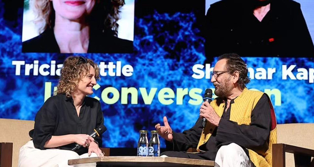 Berlinale head Tricia Tuttle (left) and filmmaker Shekhar Kapur on stage at Waves Film Bazaar held during the International Film Festival of India on November 22, 2025 in Goa, India.