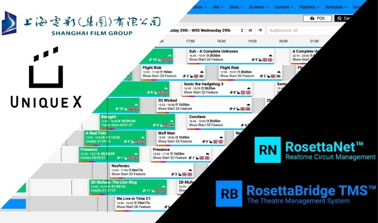 Unique X announces that Shanghai Film Group has chosen RosettaBridge TMS and RosettaNet CMS for deployment across the SFC cinemas in China
