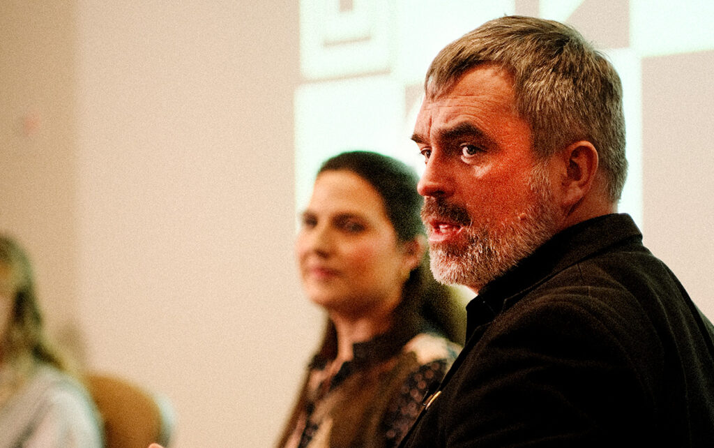 (Left to Right) Anne Schultka of KIDSreggio and moderator Alasdair Satchel during The Shrinking Gap Between Theatrical and Streaming Releases panel on November 20, 2025 at Tallinn Black Nights Film Festival in Tallinn, Estonia