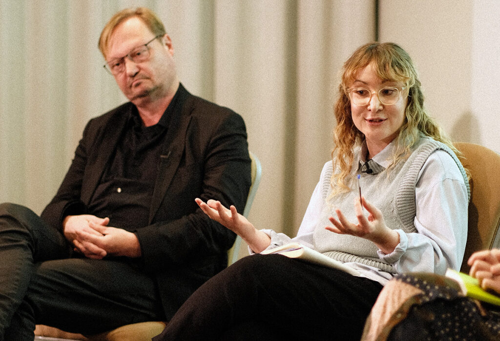 (Left to Right) Torsten Frehse of Neue Visionen, Rebecca Hartung of Pluto Film, Anne Schultka of KIDSreggio and moderator Alasdair Satchel during The Shrinking Gap Between Theatrical and Streaming Releases panel on November 20, 2025 at Tallinn Black Nights Film Festival in Tallinn, Estonia