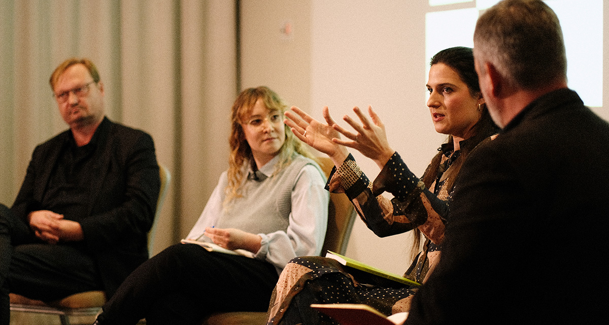 (Left to Right) Torsten Frehse of Neue Visionen, Rebecca Hartung of Pluto Film, Anne Schultka of KIDSreggio and moderator Alasdair Satchel during The Shrinking Gap Between Theatrical and Streaming Releases panel on November 20, 2025 at Tallinn Black Nights Film Festival in Tallinn, Estonia