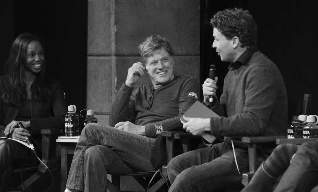 Sarah Lewis, Robert Redford, and Dave Eggers during the “Exploratory Detours” panel at the 2014 Sundance Film Festival.