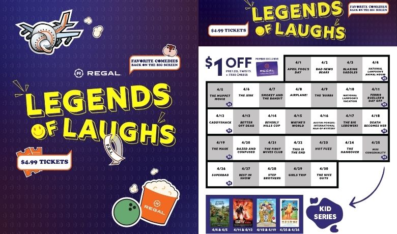 This April, Regal's "Legends of Laughs" (LOLz) series showcases 30 comedy films with unforgettable moments and classic one-liners