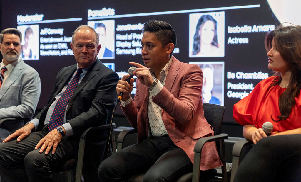 (From Left) Bo Chambliss, President of Georgia Theatre Company, William J. Stembler, Founder and Chairman of Georgia Theatre Company, Jonathan del Rosario, Head of Product for Display Solutions at Samsung Electronics America, Actress Isabella Amara at Trilith Cinemas in Fayetville, Georgia on 12 February 2026