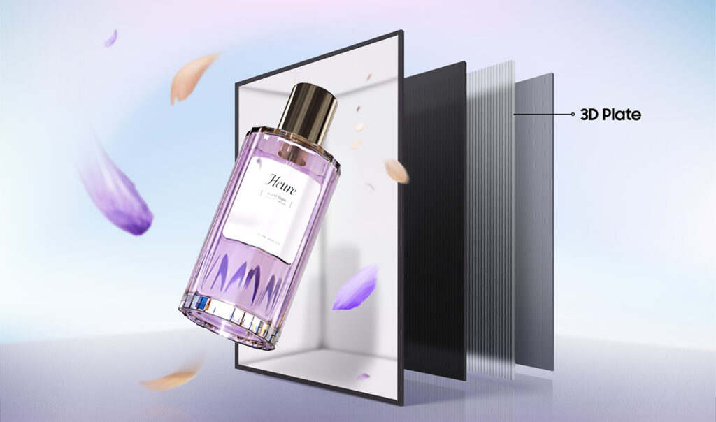Samsung has embedded a lenticular layer into the 3D Plate in its Spatial Signage, combining it with AI-driven processing to enhance depth and motion in real time.