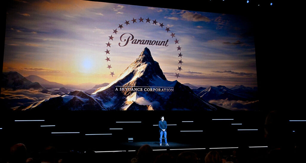 David Ellison, CEO of Paramount Skydance, speaks during the Paramount presentation at CinemaCon 2026 at The Colosseum at Caesars Palace during CinemaCon on April 16, 2026 in Las Vegas, Nevada