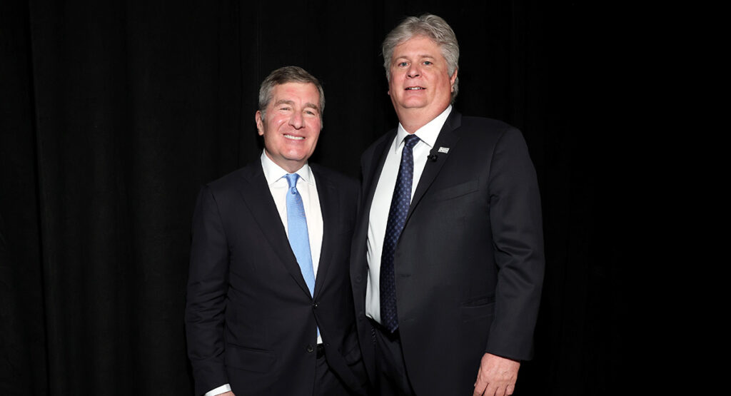 (From Left) Charles Rivkin, Chairman & CEO, MPA, and Michael O’Leary, President & CEO, Cinema United, attend CinemaCon 2026 - The State of the Industry at The Colosseum at Caesars Palace during CinemaCon on April 14, 2026 in Las Vegas, Nevada.