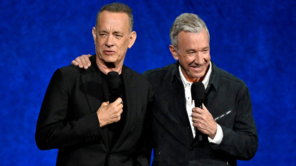 (From Left) Tom Hanks and Tim Allen speak during the Walt Disney Studios presentation highlighting its upcoming release schedule at The Colosseum at Caesars Palace during CinemaCon on April 16, 2026, in Las Vegas, Nevada.