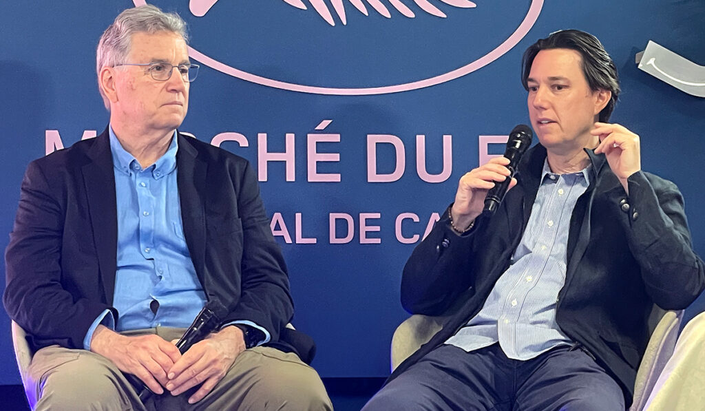 (From Left) Tom Bernard, Co-Founder and Co-President of Sony Pictures Classics and Dylan Leiner, EVP of Acquisitions, Production and Business Affairs at Sony Pictures Classics during the "How Sony Pictures Classics Navigates the World of Indie and International Cinema" panel on March 18, 2026 at the 2026 Marché du Film alongside the 79th edition of the Cannes Film Festival.