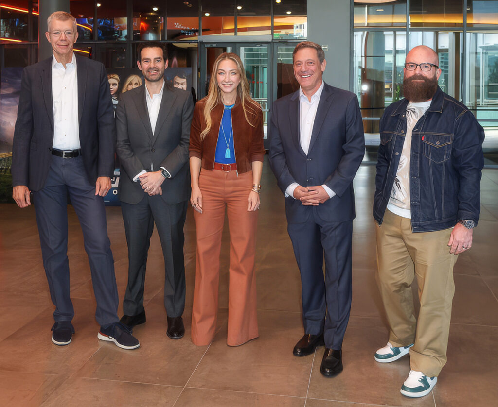 (From left) Andrew Cripps of Disney, Eduardo Acuna of Regal, Blair Rich of Legendary Entertainment, Adam Fogelson of Lionsgate and filmmaker Michael Tiddes, who participated in the "Future of Storytelling for the Big Screen" panel at the Regal Sherman Oaks Galleria on June 15, 2026