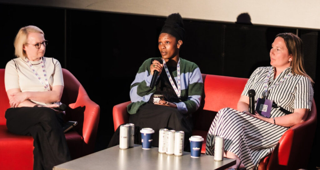 (From left) Wanda Donna of Movie House Cinemas, Deaf advocate Tianah Hodding and Charlotte Ullathorne of Odeon Cinemas, who participated in the "Welcoming Deaf Audiences" panel at the UK Cinema Association conference on May 13, 2026 (Photo: Julie Edwards Visuals)