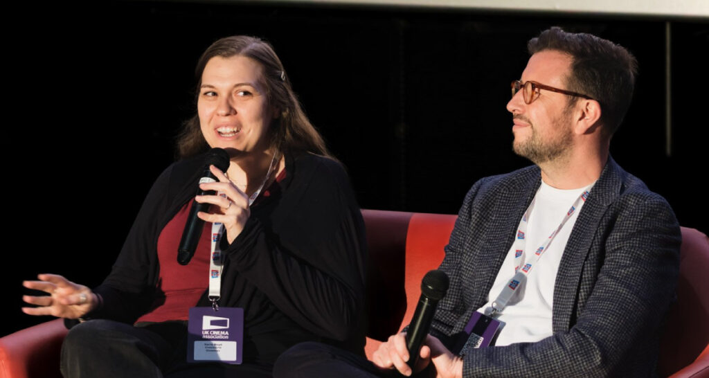 (From left) Carla Boyd of Cineworld Cinemas and David Cameron of Vue, who participated in the “From Scroll to Screen: Winning the Fight for Attention” panel at the UK Cinema Association conference on May 12, 2026 (Photo: Julie Edwards Visuals)