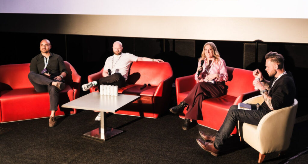 (From left) Valentin Degen of International Showtimes, Graeme Watt of The BoxOffice Company, Claire Beswick of Living Room Cinemas, and Oscars Killo of Mojo Works, who participated in the “Reaching Cinema Audiences Across AI Search and Discovery Tools” panel at the UK Cinema Association conference on May 13, 2026 (Photo: Julie Edwards Visuals)