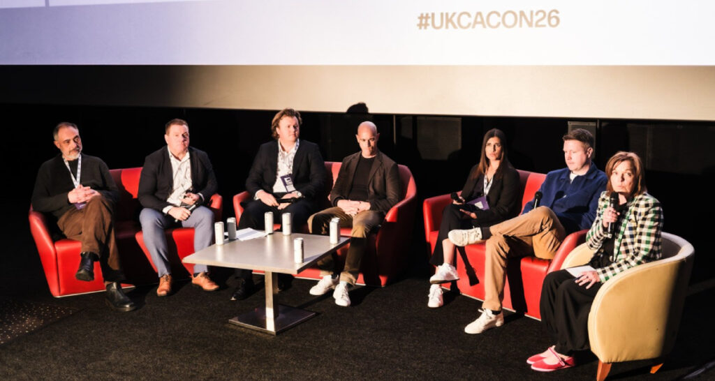 (From left) Jon Barrenechea of Picturehouse Cinemas, Matt Smith of Lionsgate Films UK, James Jervis of PDJ Cinemas, Craig Jones of Walt Disney Studios, Serena Black of Everyman Cinemas, Paul John Anderson of Omniplex Cinema Group, and moderator Liz Bales of the British Association for Screen Entertainment (BASE), who participated in the Executive Roundtable at the UK Cinema Association conference on May 13, 2026 (Photo: Julie Edwards Visuals)