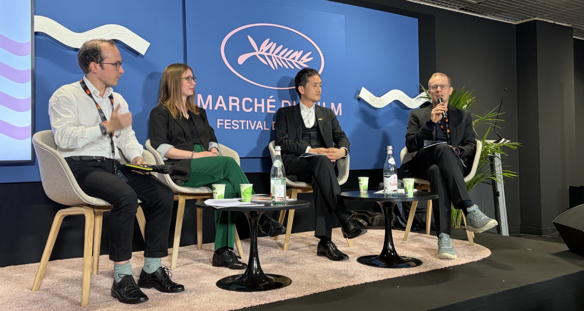 (From left) Nicolas Edmery and Elisa Joliveau-Breney, film analysts at the European Audiovisual Observatory; Naohiro Kaji, director of the Culture and Creative Industries Division at Japan’s Ministry of Economy, Trade and Industry; and Martin Kanzler, deputy head of department for market information at the Observatory, who participated in the "FOCUS on World Film Market Trends" at the Marché du Film in Cannes on May 15, 2026. (Photo: courtesy of European Audiovisual Observatory)