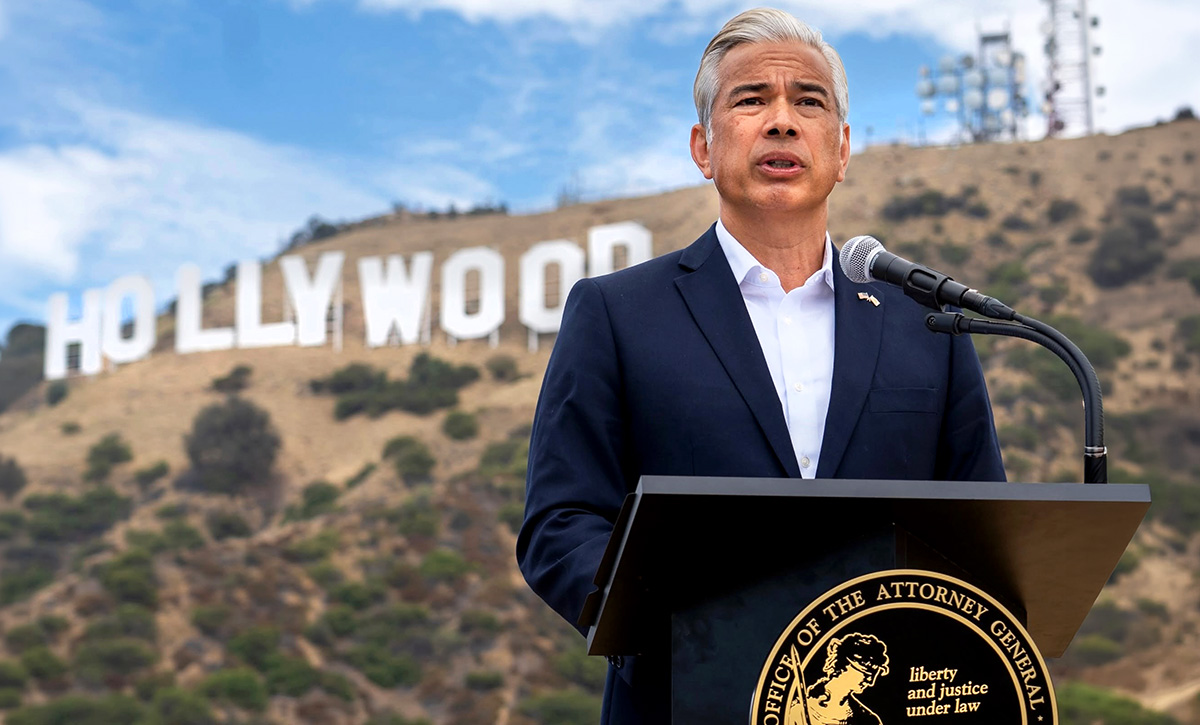 Rob Bonta - California Attorney General at the Hollywood Sign announcing a lawsuit against Paramount to block the studio's acquisition of Warner Bros. Discovery