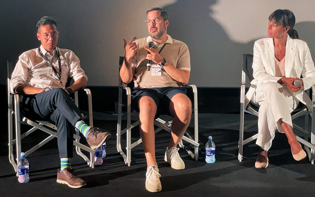 (From Left) David Ong (AAM-Qube), Andreas Stier (OneCinema) and Seneit Debese (Greta Apps) during the Connected Cinemas panel discussion at the ICTA 2026 Cinema Technology Experience on June 21, 2026 in Barcelona Spain