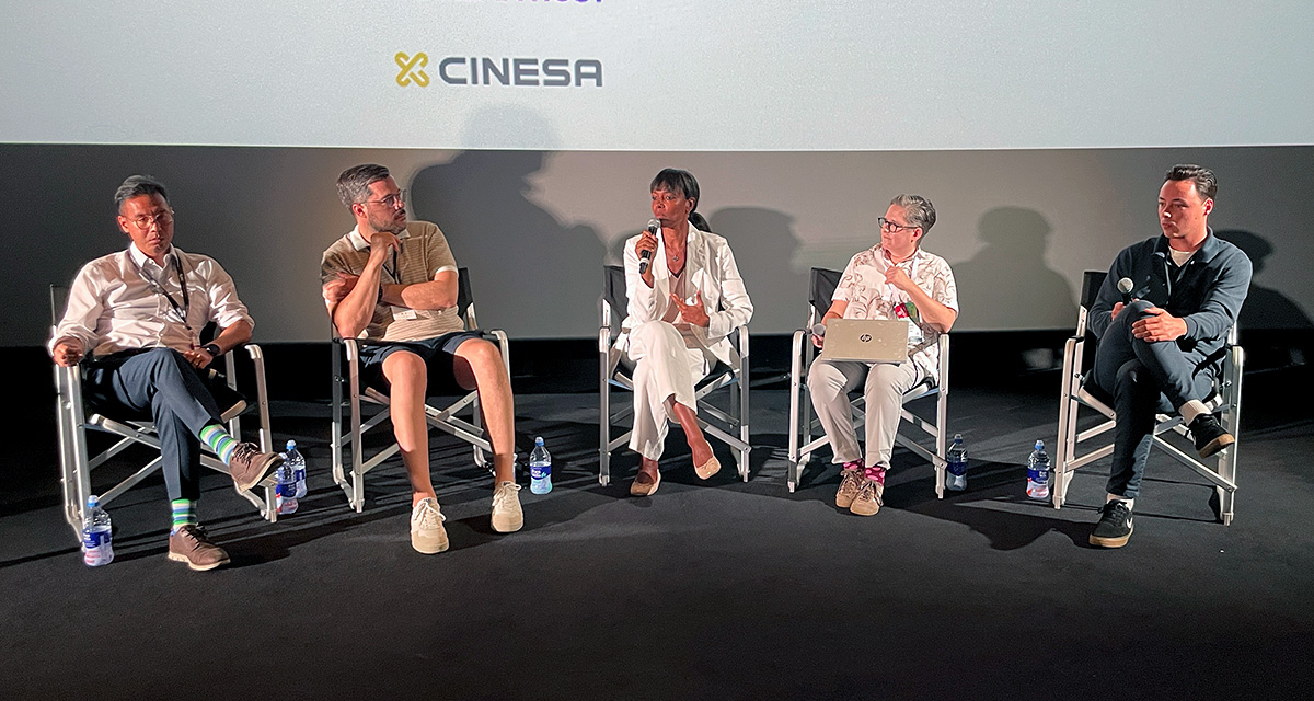 (From Left) David Ong (AAM-Qube), Andreas Stier (OneCinema), Seneit Debese (Greta Apps), Sophie Doherty (TAPOS) and Timo Holtkamp (Gofilex) during the Connected Cinemas panel discussion at the ICTA 2026 Cinema Technology Experience on June 21, 2026 in Barcelona Spain