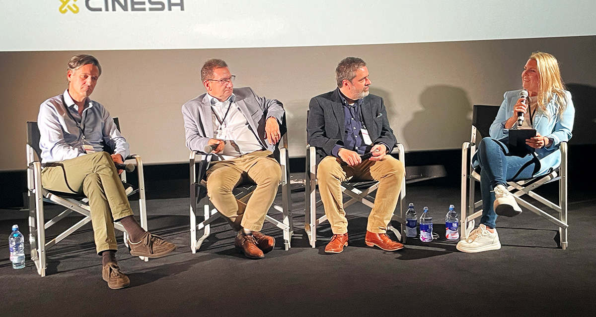 (From Left) Gregory Theile (Kinopolis Group), Tomasz Jagiello (Helios Cinemas), Karl Geraghty (Stella Cinemas) and Araceli Vaello (CinemaNext) during the panel discussion with 2025-2026 ICTA EMEA Award Winners at the ICTA 2026 Cinema Technology Experience on June 21, 2026 in Barcelona Spain