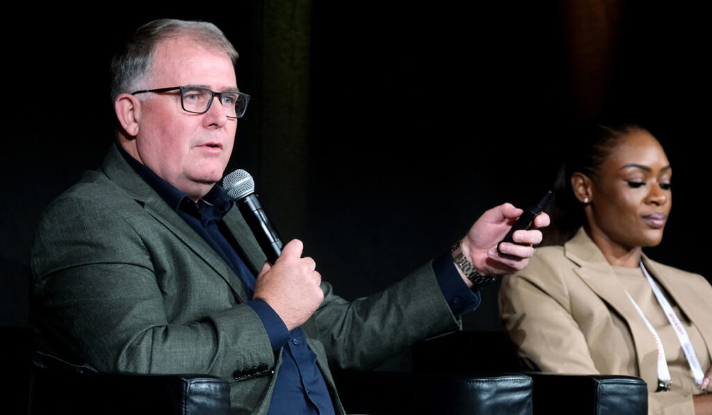 Cameron Mitchell, Executive Director of the Cinema Association Australasia and Mojisola Oladapo, Chief Marketing Officer of Filmhouse Group during the "Best in Class: Lessons From Around the World" panel at CineEurope 2026 in Barcelona Spain on June 22, 2026.