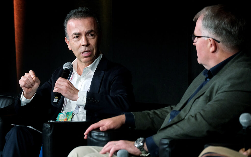 Alejandro Ramírez Magaña, CEO of Cinépolis and Cameron Mitchell, Executive Director of the Cinema Association Australasia, during the "Best in Class: Lessons From Around the World" panel at CineEurope 2026 in Barcelona Spain on June 22, 2026.