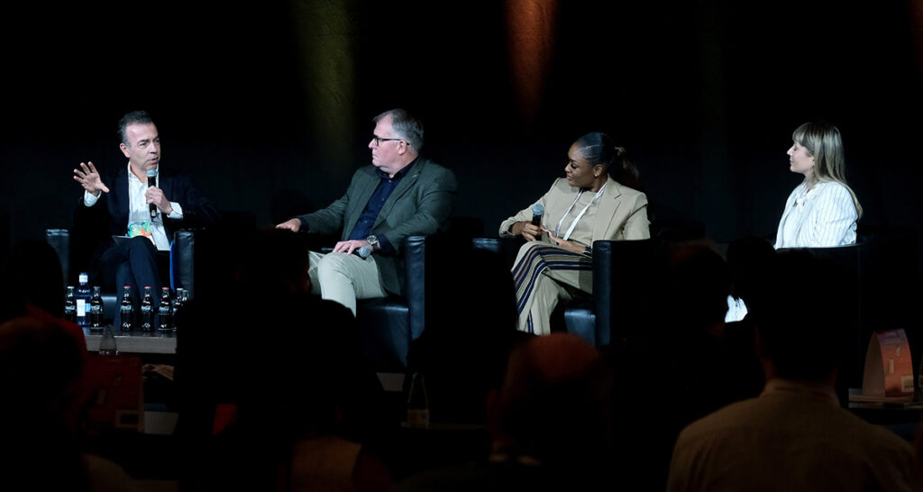 Alejandro Ramírez Magaña, CEO of Cinépolis, Cameron Mitchell, Executive Director of the Cinema Association Australasia, Mojisola Oladapo, Chief Marketing Officer of Filmhouse Group and Zsófia Varga from Everyman Cinemas during the "Best in Class: Lessons From Around the World" panel at CineEurope 2026 in Barcelona Spain on June 22, 2026.