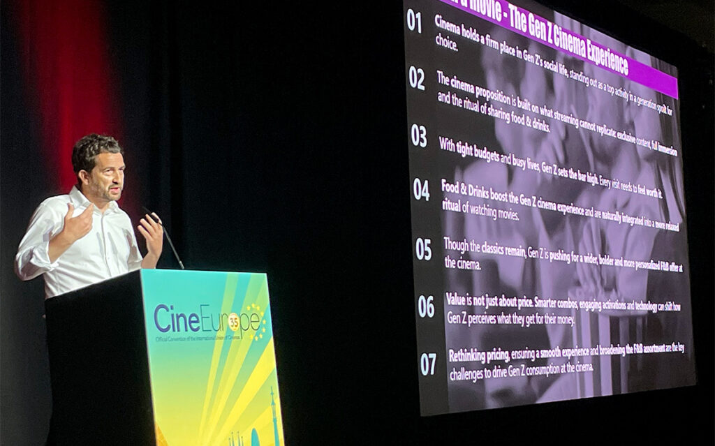 Francisco Serrano, Market Research Executive at Conecta Research & Consulting presenting a recent market study during the "Inside the Gen Z Mindset" panel presented by Coca-Cola at CineEurope 2026 in Barcelona Spain on June 23, 2026.
