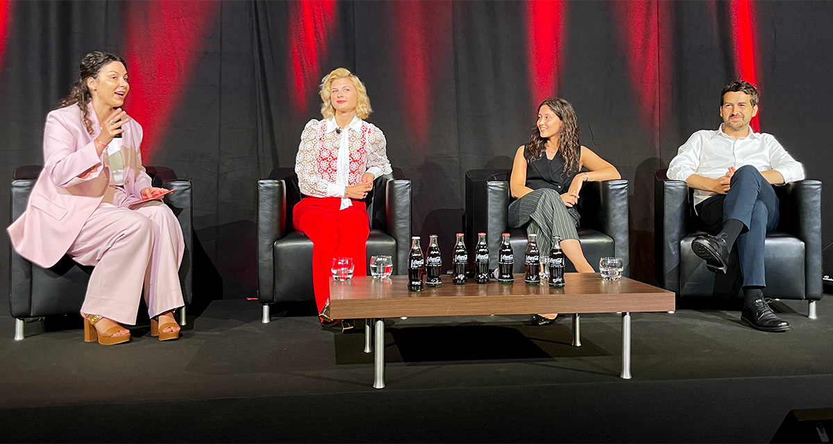 Stephanie Morgner, Senior Director Away-from-Home Customer Cinema, Leisure & Entertainment at The Coca-Cola Company, Sara Nieuwdorp of Cineplex Deutschland, Laila Kaid, Commercial Graduate – Category Executive at Coca-Cola Europacific Partners and Francisco Serrano, Market Research Executive at Conecta Research & Consulting during the "Inside the Gen Z Mindset" panel presented by Coca-Cola at CineEurope 2026 in Barcelona Spain on June 23, 2026.